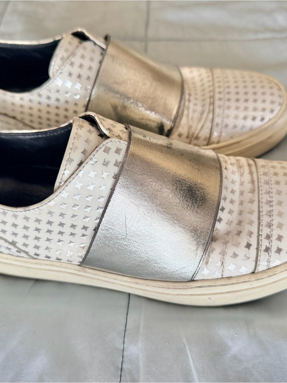 Jimmy Choo White Metallic Slip-On Sneakers with Elastic Silver Strap